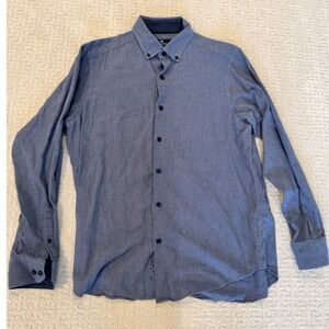 Hart Schaffner Marx Button Down Shirt Blue Houndstooth Long Sleeve Cotton Size M